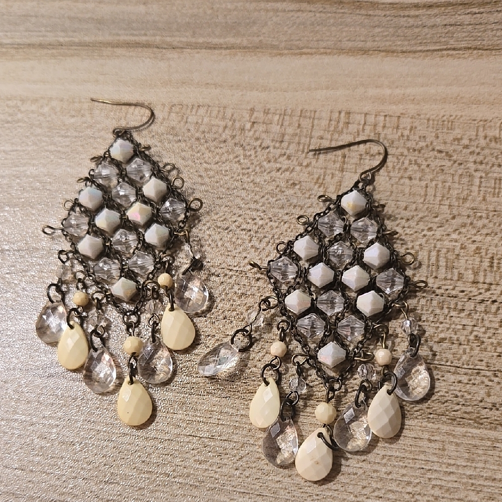 Vintage 80s 90s Crystal Chandelier Earrings Chainmail